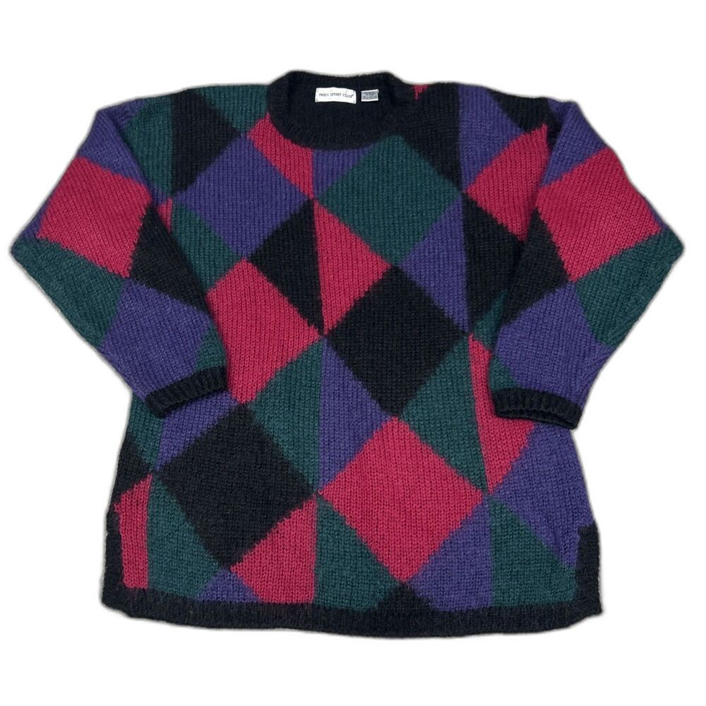 Paris Sport Club Sweater Womens Large Argyle Tunic Y2K Vintage 90s Mohair Soft